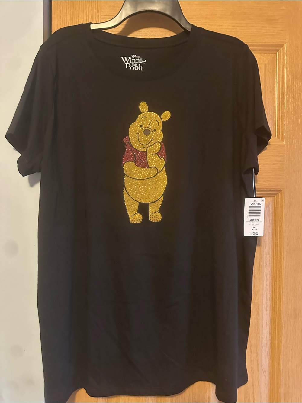 Disney Black Winnie the Pooh Rhinestone Tee with Red Accent